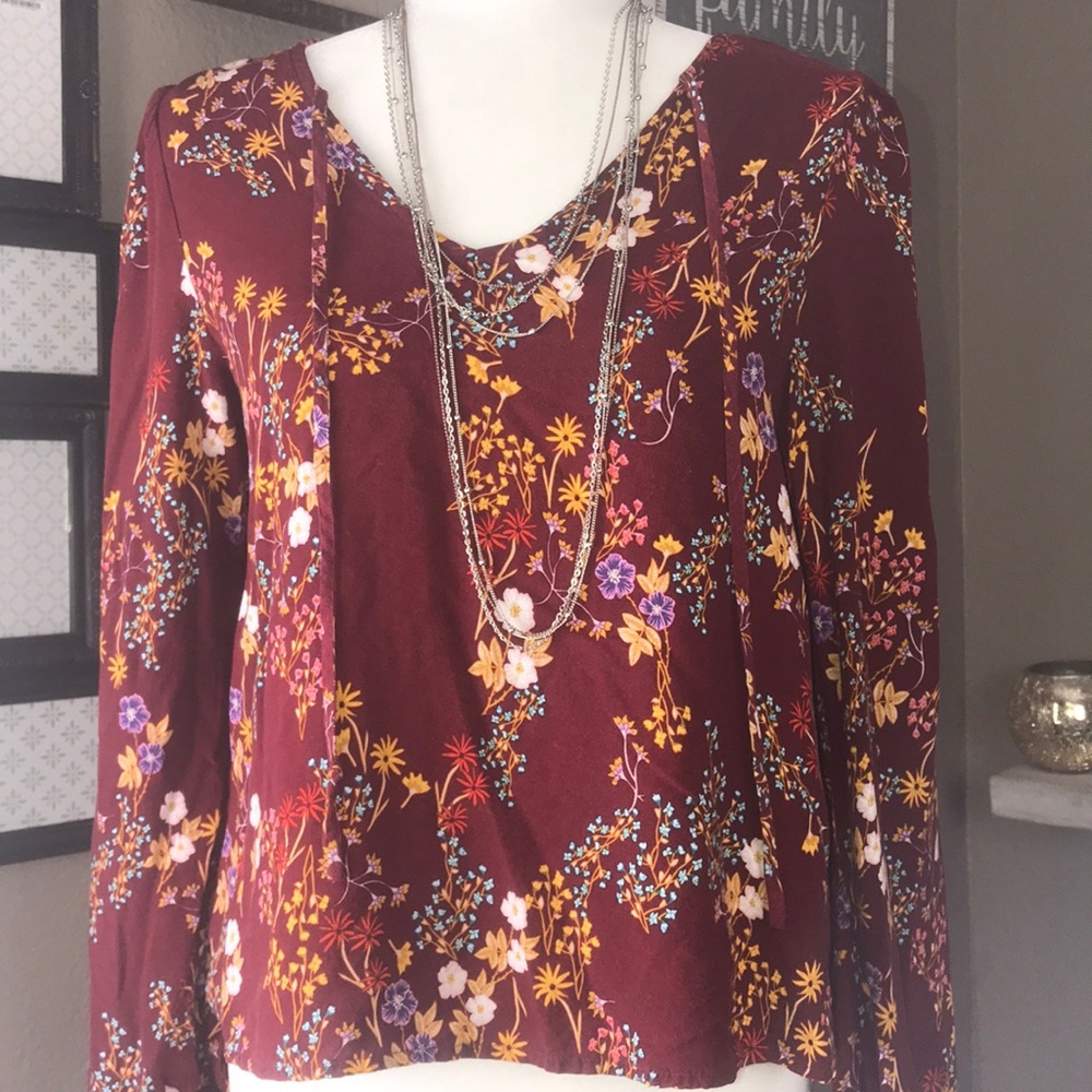Love, fire flowered long sleeve blouse. Size Large